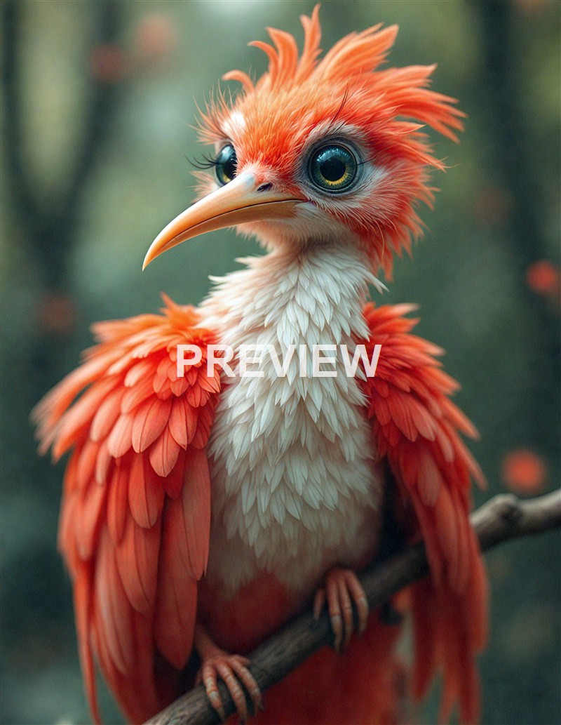 A digitally created bird with vibrant orange and white feathers, large expressive eyes, and an elongated beak, perched on a branch against a blurred natural background.